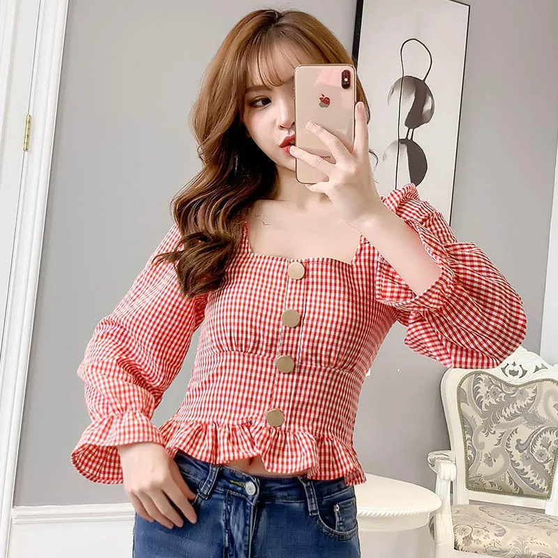 long sleeve red Летняя винтажная клетчатая блузка для женщин с квадратным воротником и пышными рукавами, женские короткие топы размера плюс, блузки, рубашки, женская рубашка - Цвет: long sleeve red