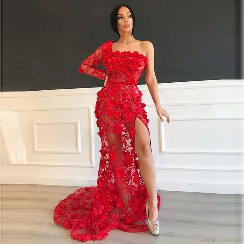 

Illusion Red Mermaid Prom Dresses Illusion Full Sleeves One Shoulder Evening Dress Side Split High Illusion Gowns Robe de soiree