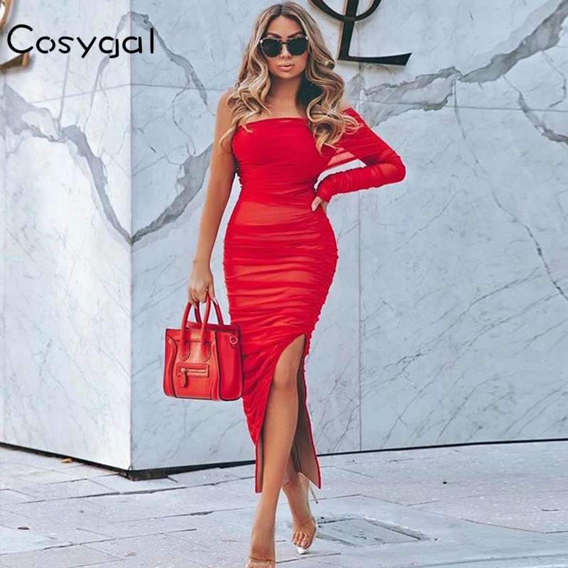 Женское однотонное Сетчатое платье COSYGAL пикантное с разрезом на одно плечо и