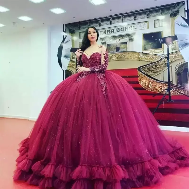 

Burgundy Quinceanera Dresses Crystals Jewel Neck Beaded Long Sleeves Lace Applique Illusion Custom Made Sweet 16 Party Princess