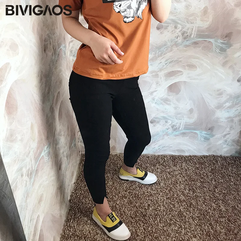 BIVIGAOS новые женские Стиль досуга Модный черные леггинсы с высокой талией и