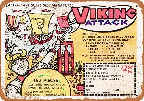 

12 x 16 inches Metal Vintage Funny Tin Sign 1965 Viking Attack Toy Soldiers