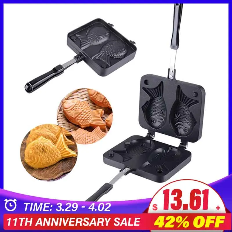 

2 Molds Taiyaki Fish Shaped Waffle Pan Maker Non-stick Buscuit Cake Bake Bakeware Home Kitchen DIY Dessert Cooking Plate