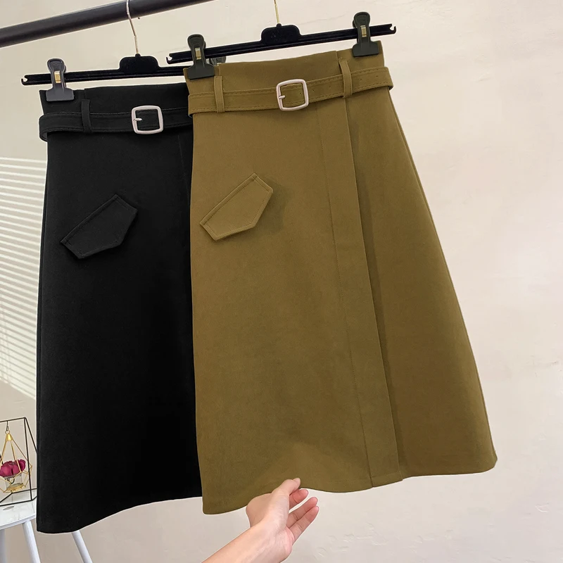 Осень зима женские модные миди юбки OL Стиль Высокая талия с поясом|Женские юбки| |