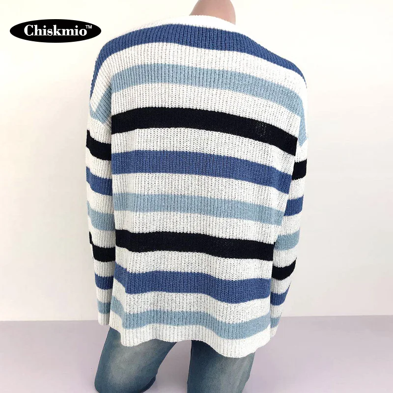 

Chiskmio Women Sweater O-Neck Knitted Jumper Striped Long Sleeve Knitting Tops Loose Casual Knitwear Ladies Pullover Harajuku