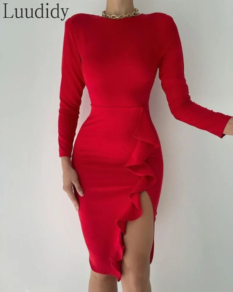 

Women Sexy Solid Color Long Sleeve Slit Ruffles Design Irregular Bodycon Dress