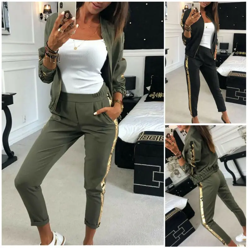 Женский спортивный костюм из 2 предметов комплект модной одежды с блестками на