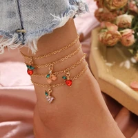 cute strawberry cherry tassel ankle bracelet multi layer crystal anklets for women beach leg foot bracelets boho jewelry