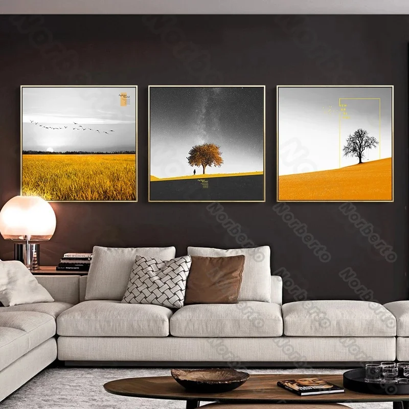 

Modern Style Canvas Painting Wall Poster and Print Golden Wheat Field Big Tree Wide Sky Yellow Desert for Home Rooms Wall Decora