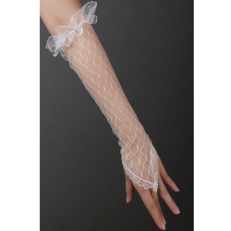 

Womens Lace Mesh Bridal Gloves Fingerless Elbow Length Long Gloves Wedding Party
