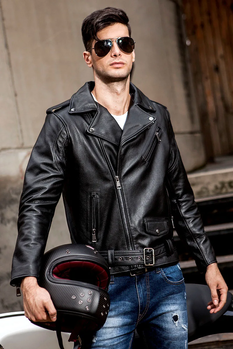 

Terminator punk style motorcycle men Diagonal zipper belt moto biker jacket men's cow leather rider coat Epaulets