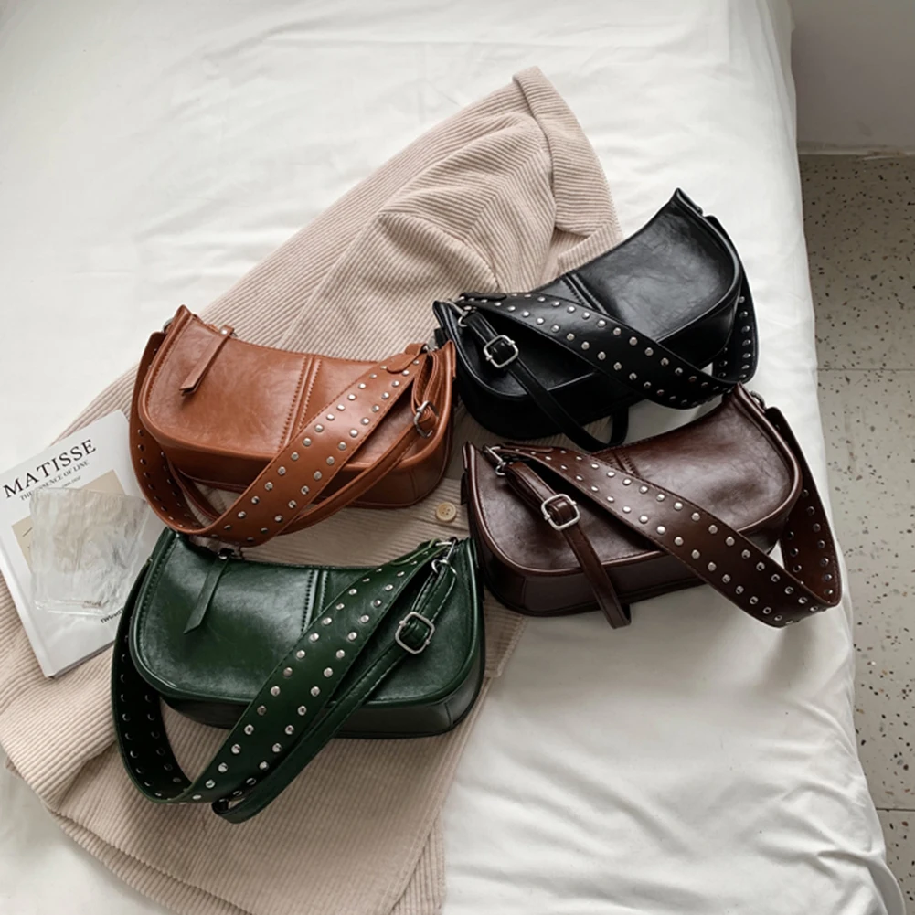 

Женская однотонная сумка через плечо с заклепками, сумки через плечо из искусственной кожи, женские модные сумки-мессенджеры