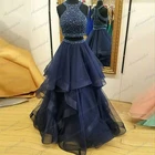 Длинные платья из фатина для выпускного вечера из двух предметов, темно-синего цвета, искусственная кожа, кристаллы, 8 классов, с оборками