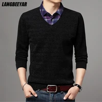 top quality velvet new fashion brand knit pullover fake two collared korean fashion men sweater casual jumper mens clothing