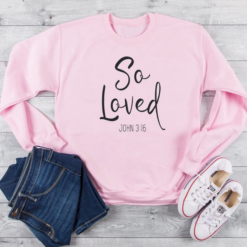 

Women Clothing Casual Crewneck Pullover Fashion Ulzzang Jumpers So Loved Bible Verse Sweatshirt Christian Jesus Grace