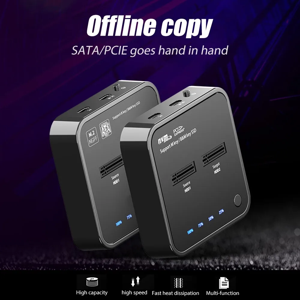 

Dual M.2 SATA/Nvme SSD Clone Station Tool-Free USB3.1 Gen2 to B&M Key Nvme PCIe M.2 SSD Offline Clone Duplicator