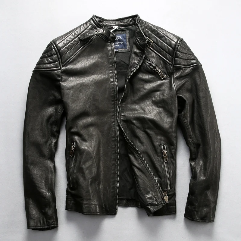 

2022 New Fashion Motorcycle Slim Genuine Leather Jacket Men Stand Collar Casual Goat Leather Jacket Male Winter Coat