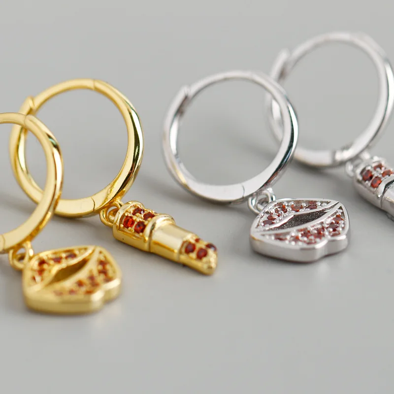 

LATS 2020 New 925 Sterling Silver Drop Earrings Zircon Golden Lips Lipstick Earrings for Women Lovers Gift Jewelry Earings