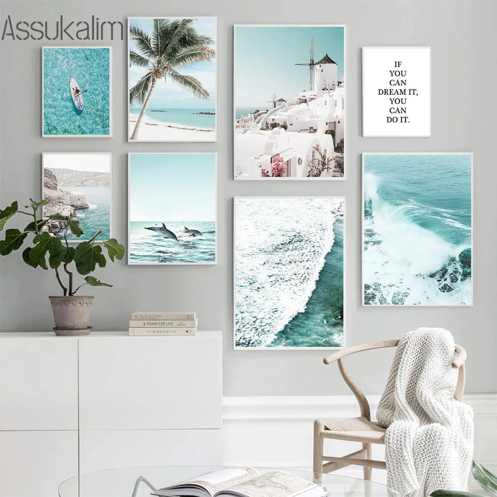 

Scandinavia Wall Posters Palm Tree Canvas Print Beach Painting Dolphin Art Prints Seascape Poster Nordic Aesthetic Room Decor