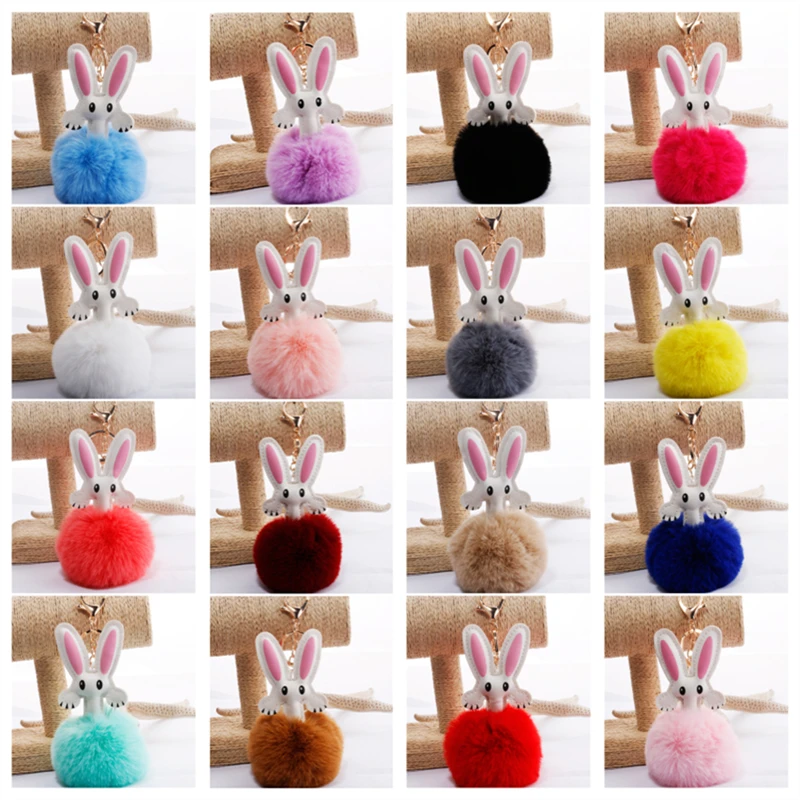

10pc/Lot Cute Rabbit Ear PU Leather Keychain Soft Pompom Car Keychain Ladies Car Bag Accessories Key Ring Mother's Day Best Gift