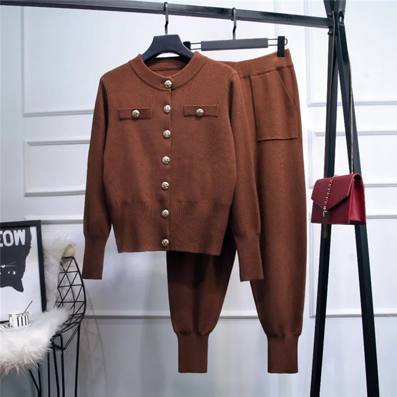 

2021 Autumn Winter Knitted Tracksuits 2 Piece Set Chic Office Ladies Single Breasted Gold Buttons Cardigan Sweater&Pants Suit