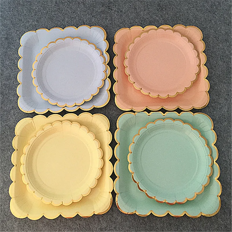 24 set Pastel Blue Party Tableware Foil Gold Large Squae Paper Plates Wedding Dinner Dishes Cups Scallop Napkins Birthday Favor images - 6