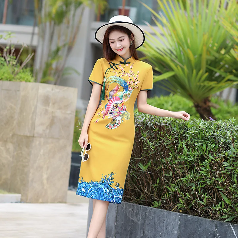 

Traditional Sexy Silk Satin Phoenix Printed Slim Knee-Length Qipao Vintage Oriental Female Cheongsam Chinese Formal Dress