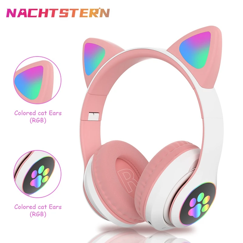 RGB Cat Ear Wireless Headphones Bass Noise Cancelling Adults Kids Girl Bluetooth Headsets Support TF Card Casco With microphone