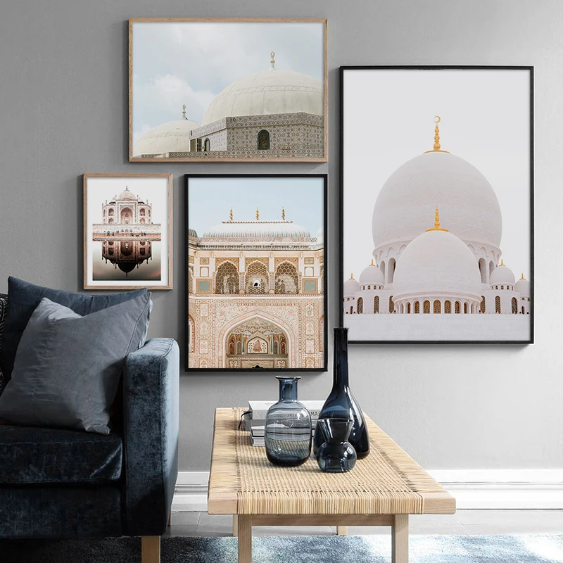 Allah Islamic Wall Art Холст плакат, двери, мусульманское здание, принт, скандинавские декоративные картины, живопись, современный декор в мечети
