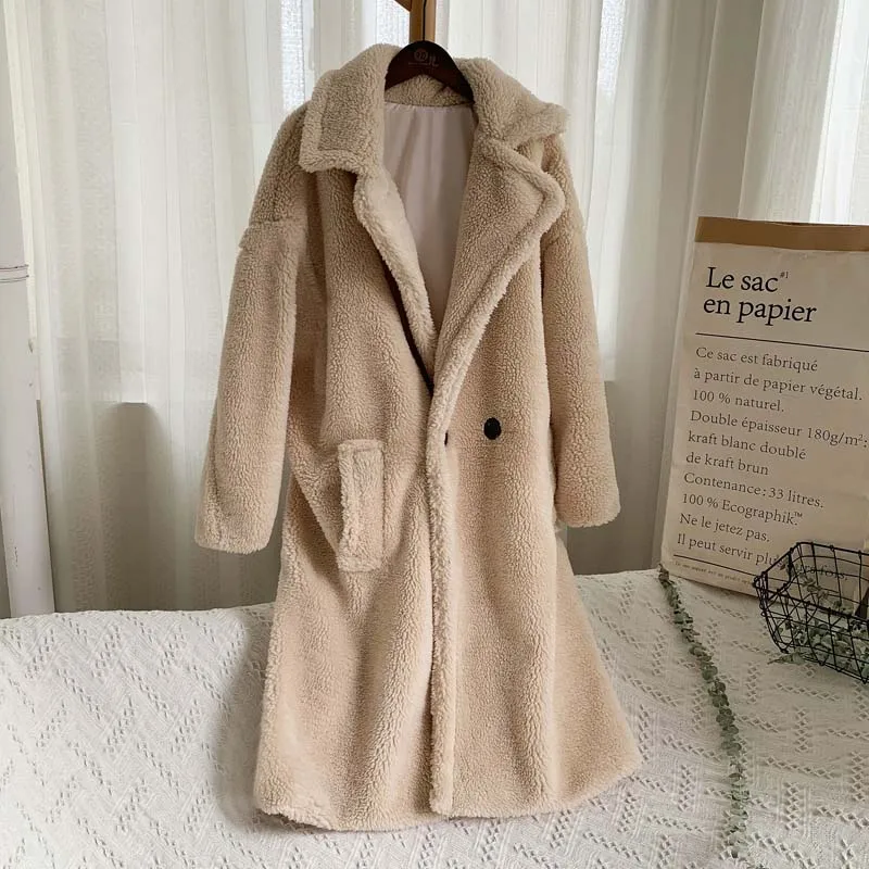 beige teddy coat Зимнее утолщенное теплое пальто из искусственного меха, женское модное базовое пальто из овечьей шерсти большого размера, уличное пушистое длинное пальто - Цвет: beige teddy coat