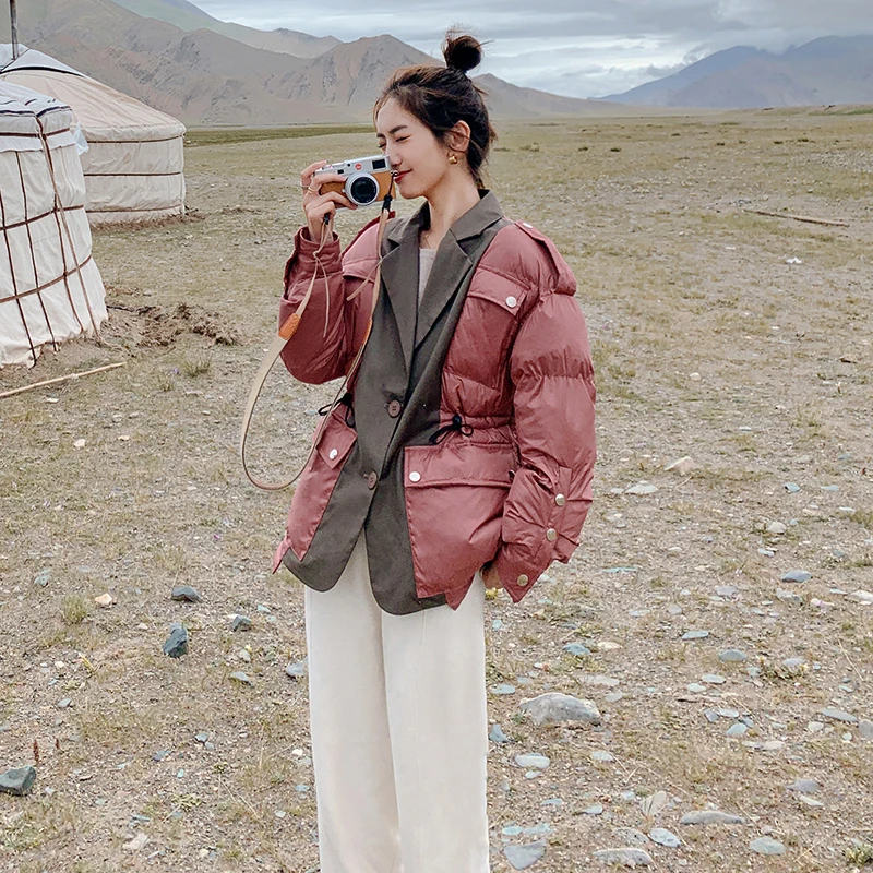 Autumn Winter 2023 Female Jackets Korean Trench New Suit Stitching Fake Two-Piece Short Thick Warm Loose Casual Women Coats Ins