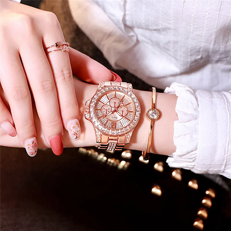 Женские трендовые роскошные часы из нержавеющей стали трехцветные алмазные