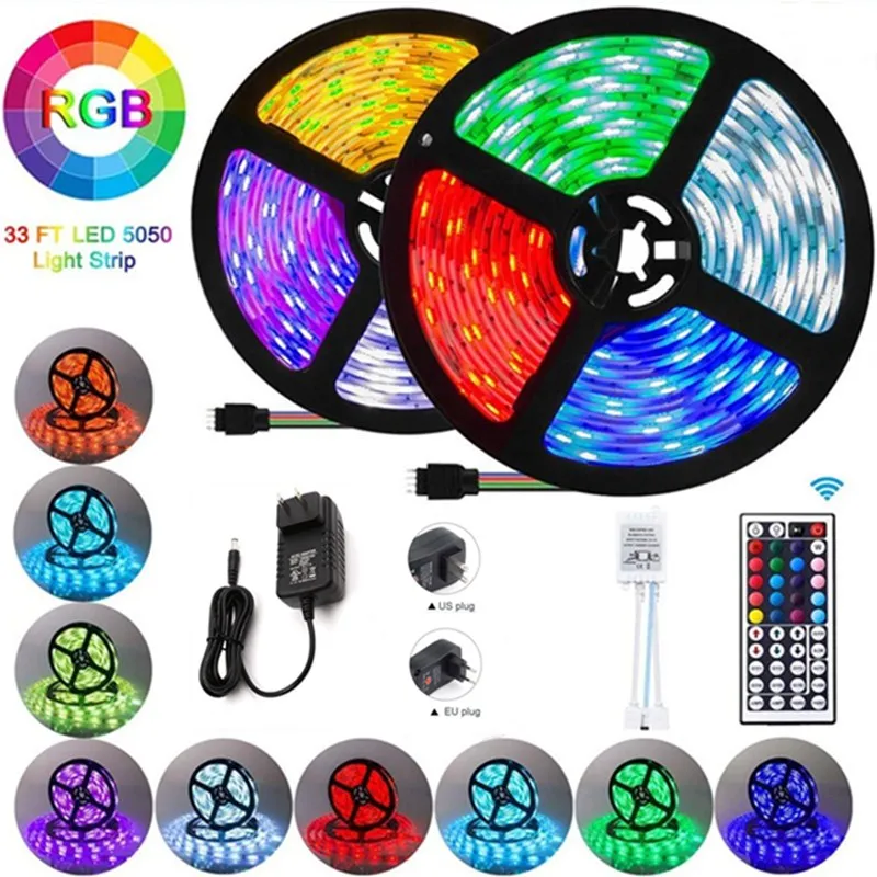 Светодиодная лента RGB SMD5050, водонепроницаемая гибкая LED полоска, полный комплект светодиодов, 12 В постоянного тока, 5 м, 10 м
