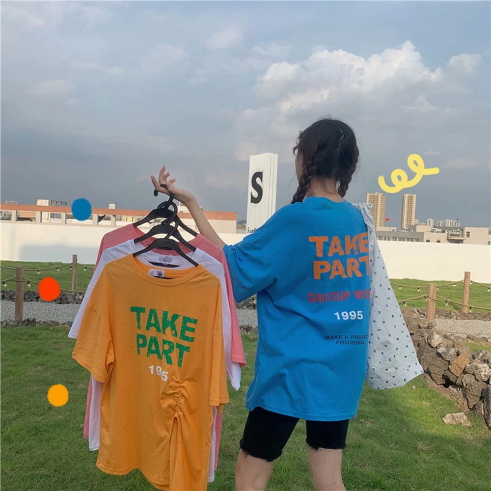 

2021 new summer Korean version of ins hem drawstring split letter printing Joker loose jacket T-shirt women super fire