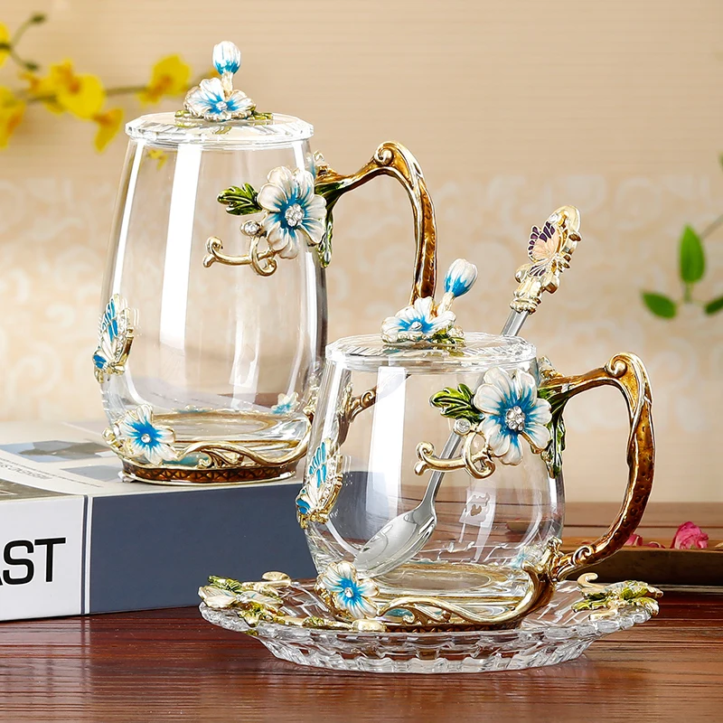 Enamel Transparent Glass Coffee Tea Mug Blue Roses Heat-Resistant Cup Set with Stainless Steel Spoon Coaster