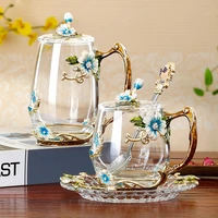 enamel transparent glass coffee tea mug blue roses heat resistant cup set with stainless steel spoon coaster