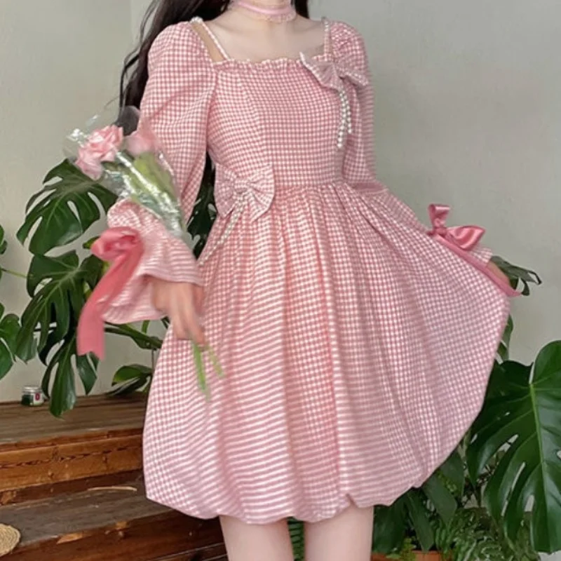 

Women High Waist Princess Bow Designer Sweet Dress Autumn Kawaii Plaid Dress Female Outing Fairy Korean Party Mini Dress 2021