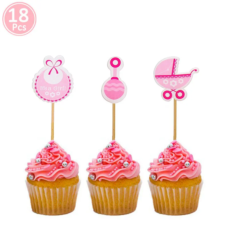 18pcs pink topper Милая бумага со слоном торт кекс топперы для детского душа украшения его девочка мальчик Babyshower вечерние принадлежности пол раскрыть - Цвет: 18pcs pink topper