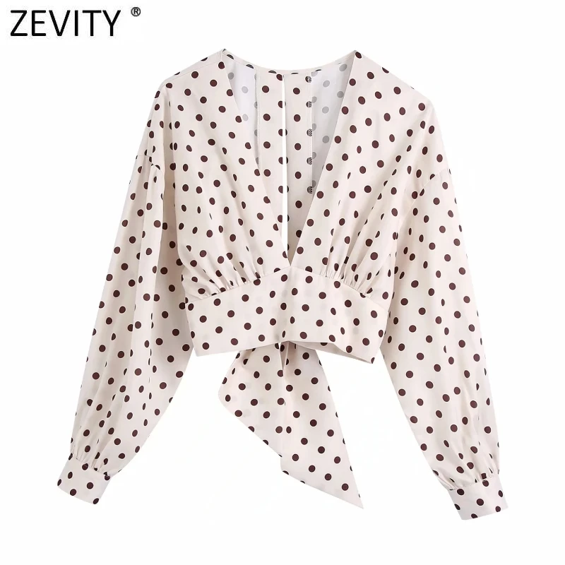 

Zevity женская модная короткая атласная блузка в горошек с V-образным вырезом, женская рубашка с разрезом сзади и бантом, шикарные блузки, топы ...