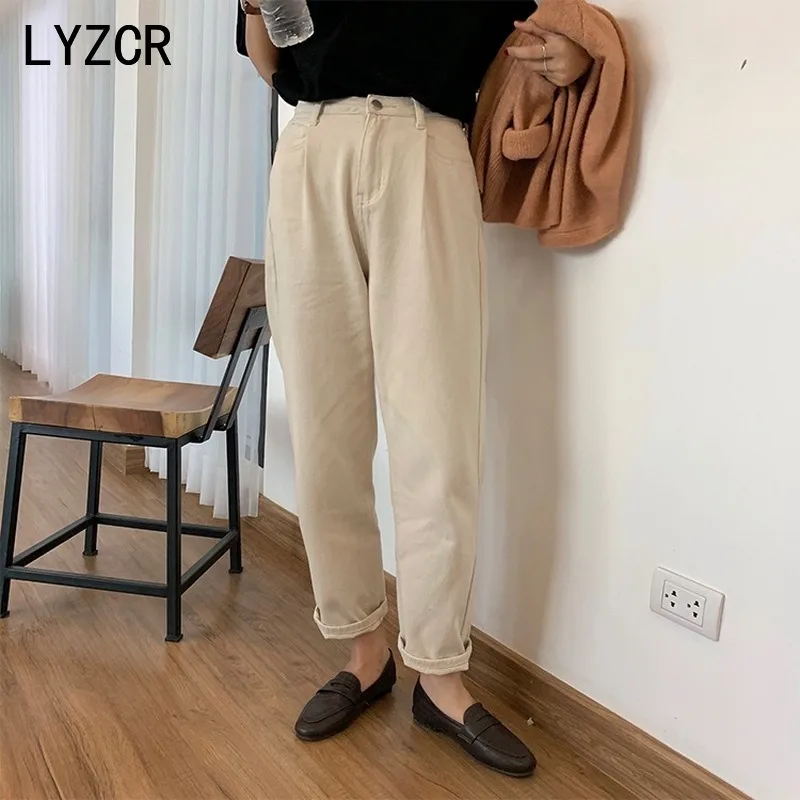 Зимние Бежевые женские бархатные теплые джинсы LYZCR утепленные с высокой талией