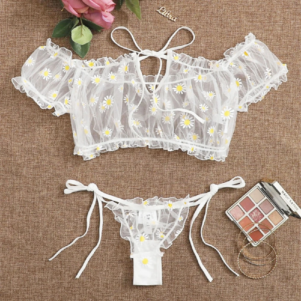 

2Pcs Women Lingerie Suit Sexy Sheer Floral Print Off-Shoulder Perspective Mesh Crop Top Tie-Waist Thong-Panty for Date Night