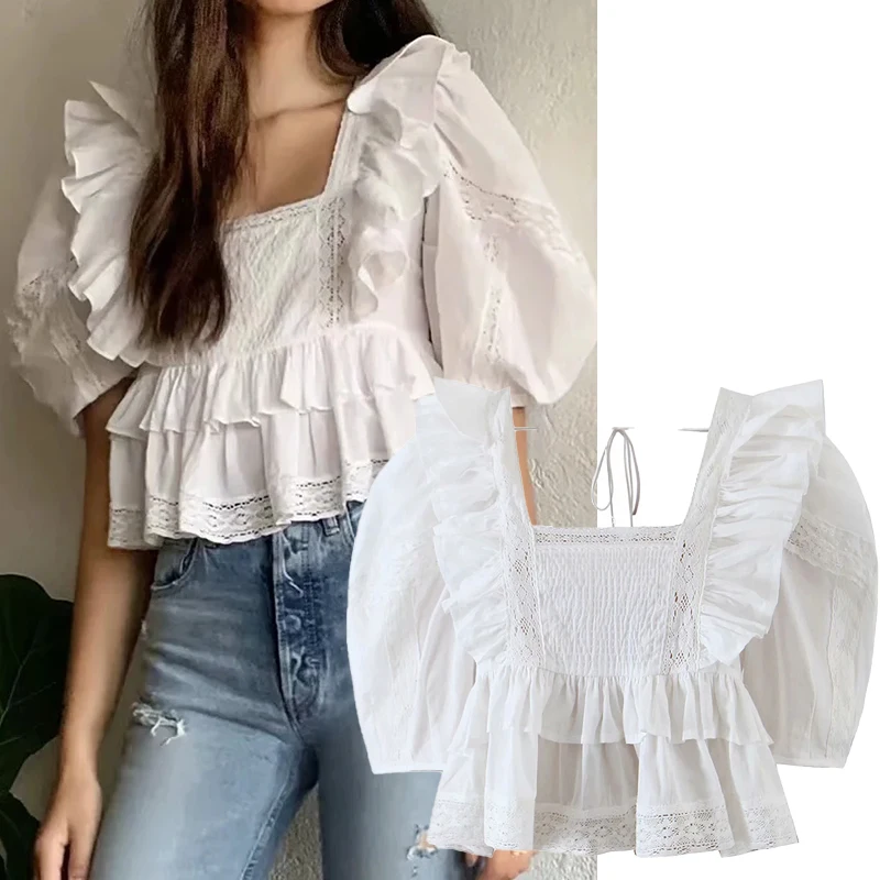 

2021 spring and summer pure cotton lace square collar short slim stretch shirt style short sleeve French blouse women