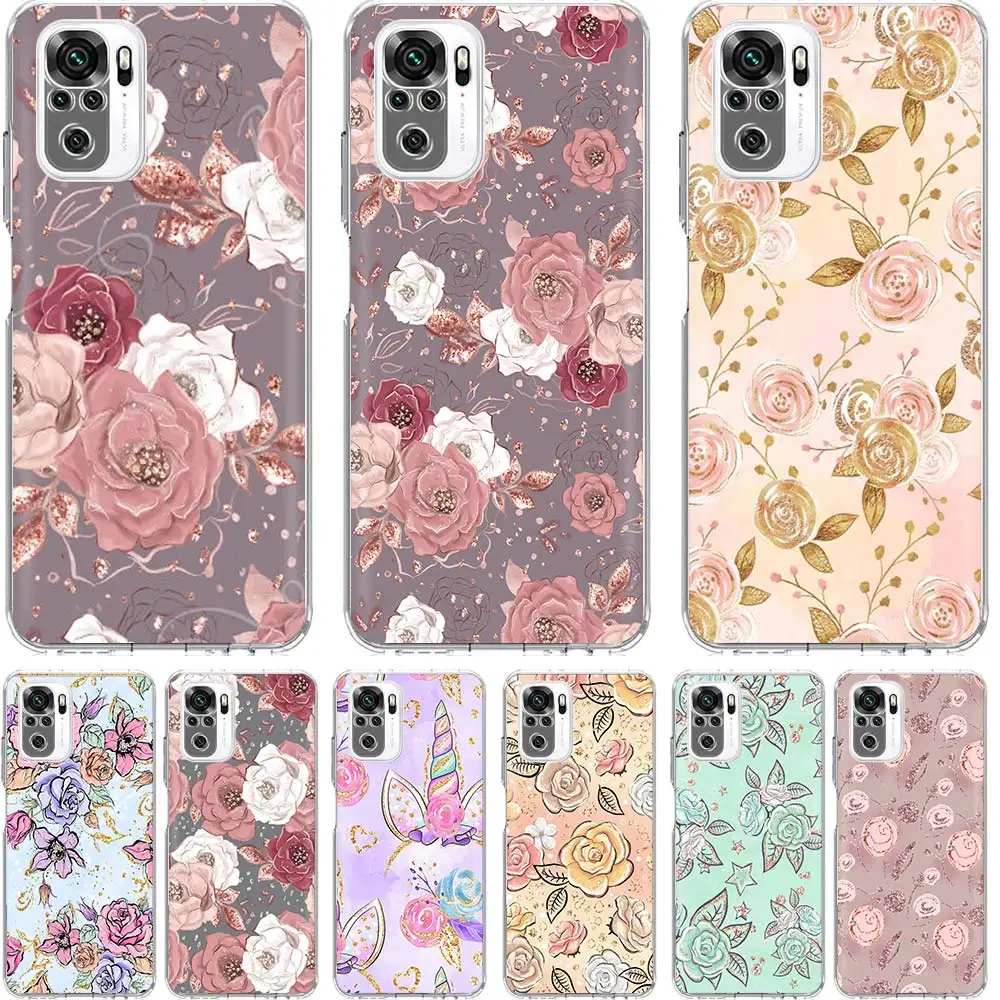 

Pink Gold Glitter Flowers Phone Case Funda For Xiaomi Redmi Note 10 Pro 10S 9S 9 8 Pro 8T 8A 9A 9C 7 7A 6 6A K20 K30 Cover Coque