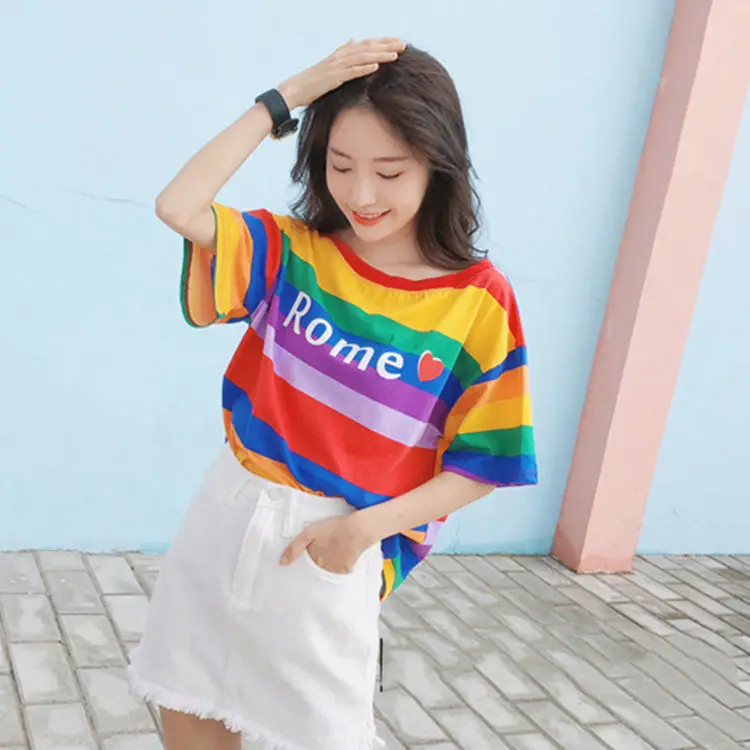 

Short sleeve women's summer 2021 new net red top Korean student letter Rainbow Stripe loose T-shirt fashion