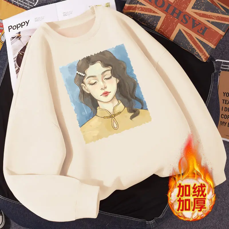 

Pullover Sweatshirt Autumn Winter Plush Thick Warm Harajuku Oil Painting Girl Print Hip Hop Loose Hoodies Women Clothes