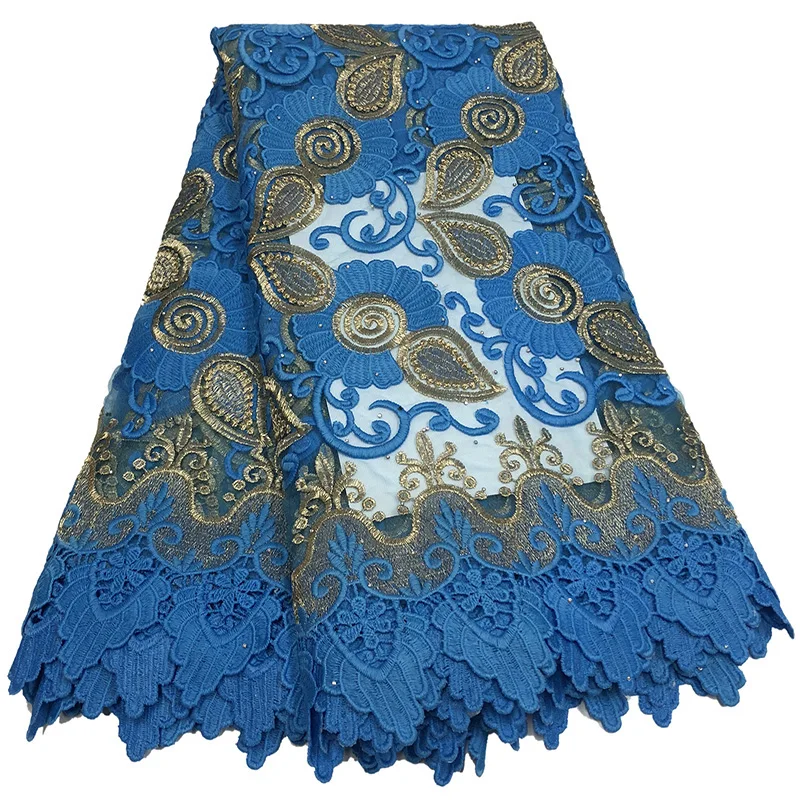 

Самый популярный шнур кружевной ткани ARW23 сине-золотой цветок рисунок «лоза» с камнями водорастворимый химический Африканский кружевной т...