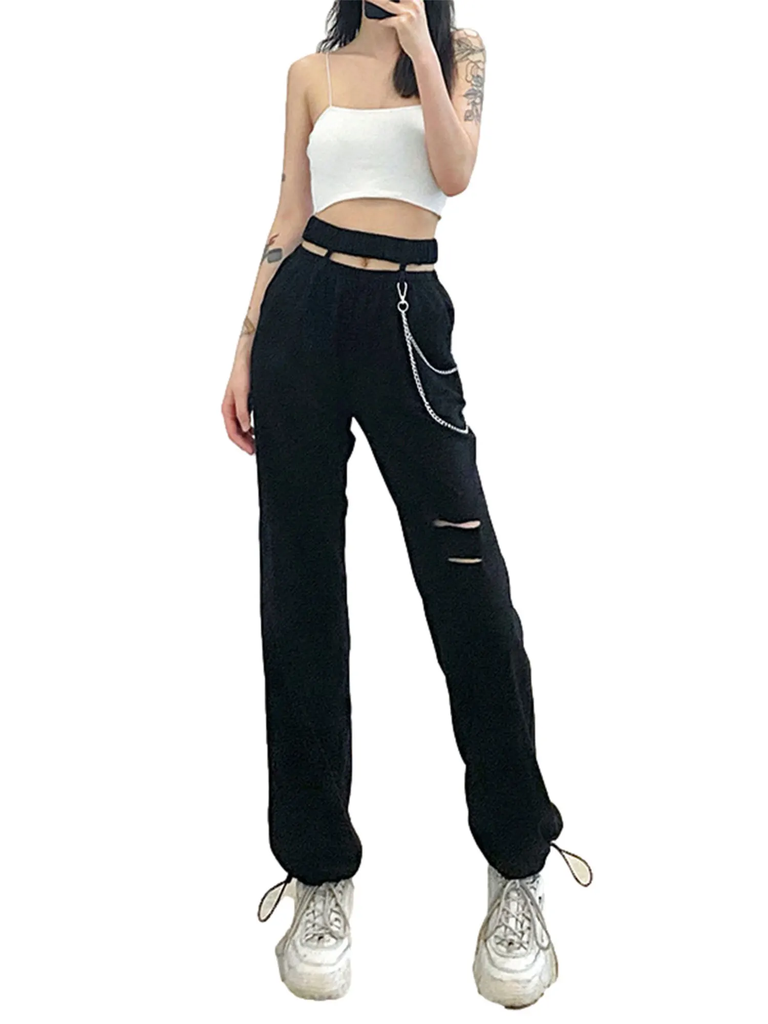 

Женские свободные брюки с открытым пупком, черные повседневные брюки с высокой талией, открытыми металлическими украшениями, с завязками, Р...