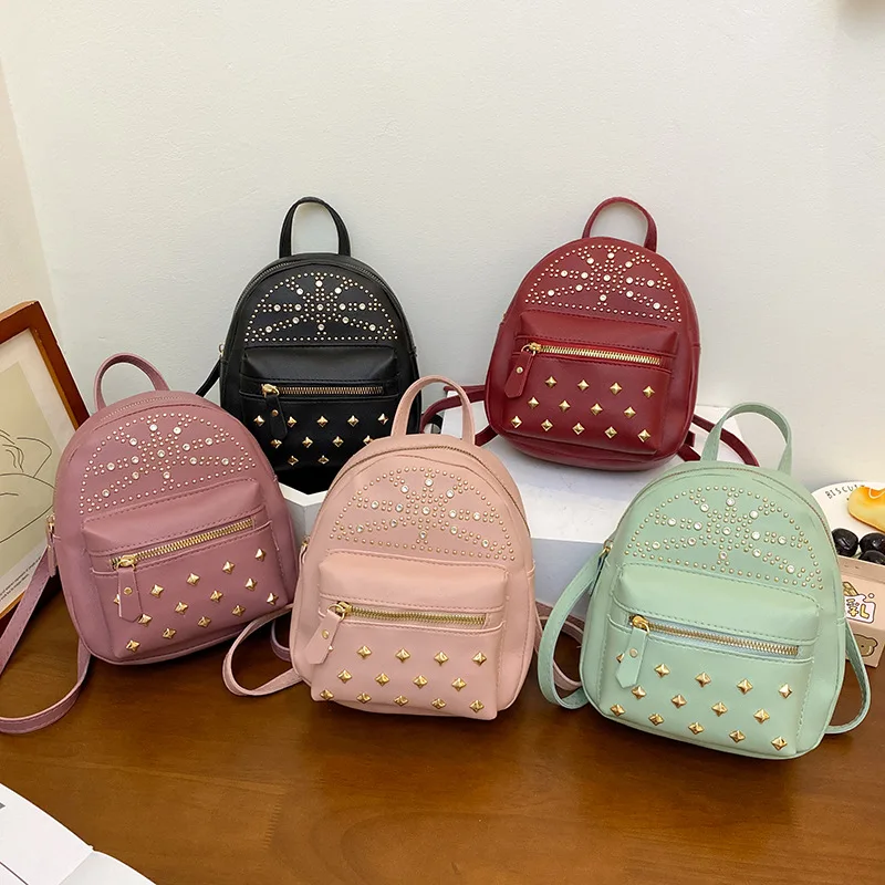 

PU Backpacks For Women Fashion Casual Rivet Solid All-match Net Red Mini rucksack Phone Soft Travel Shopper Coin Purse Female