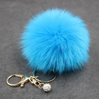 8cm cute violet mint green pink genuine leather rabbit fur ball keychain car key ring bag pendant fluffy fur pom pom keychain