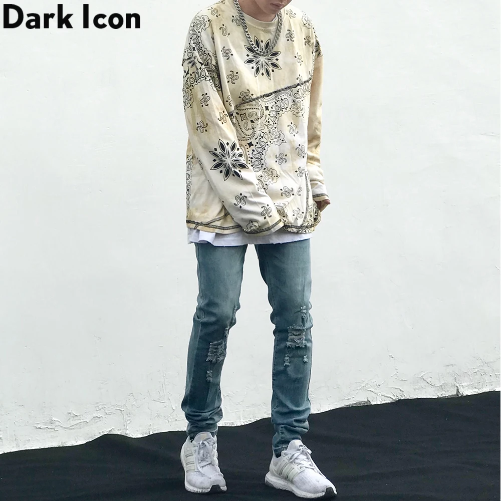 

Dark Icon Tie Dyeing Bandana T-shirt Long Sleeve Round Neck High Street Men's TShirt Cotton Tee Shirts